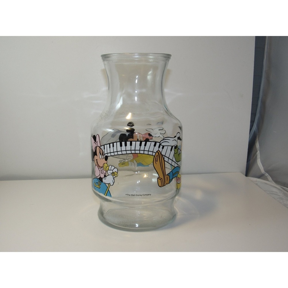 Disney‎ Mickey Minnie Goofy Glass Pitcher Musical Design Vintage